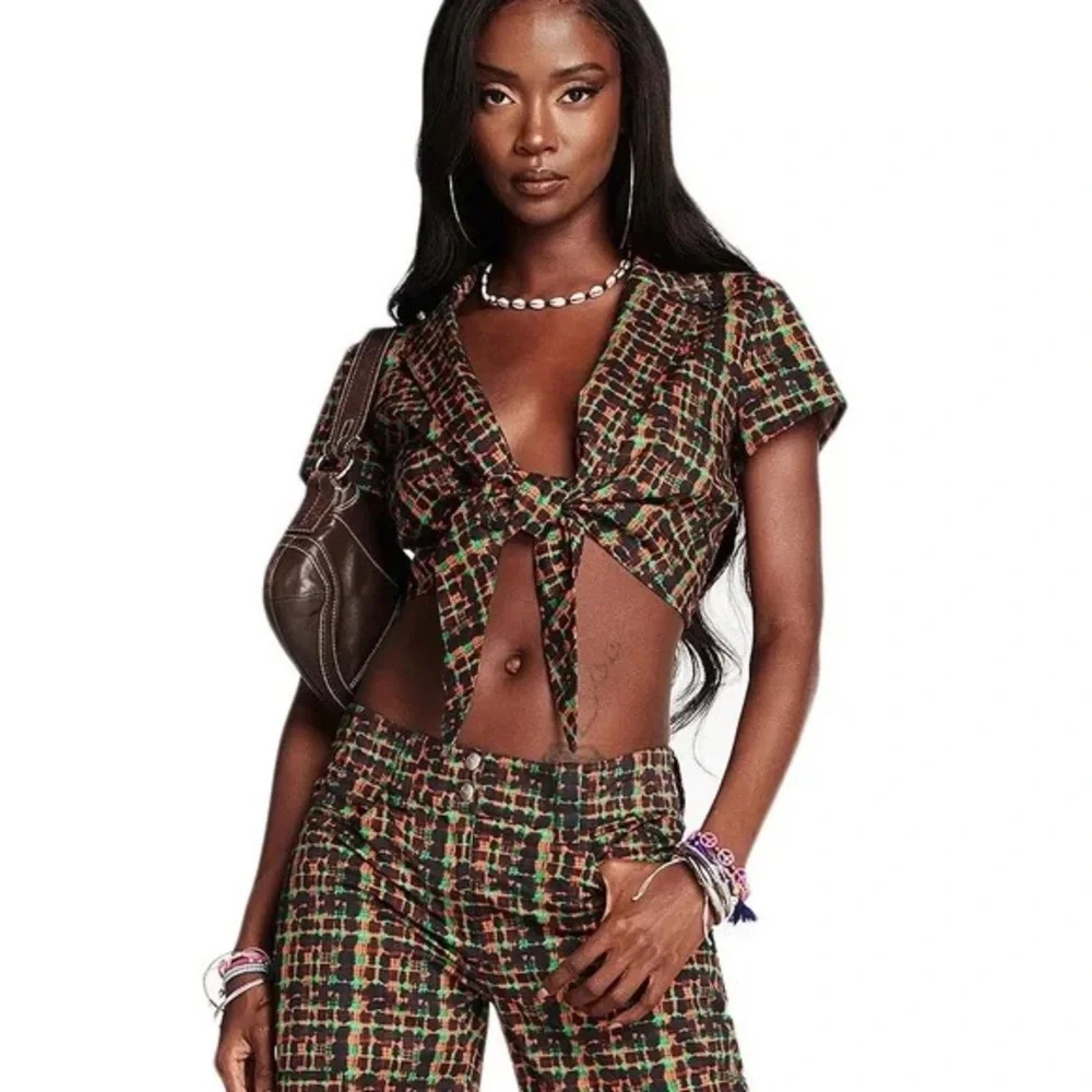 I.AM.GIA Women’s Dante Cropped Plaid Tie Front Top in Brown/Green/Orange Size S